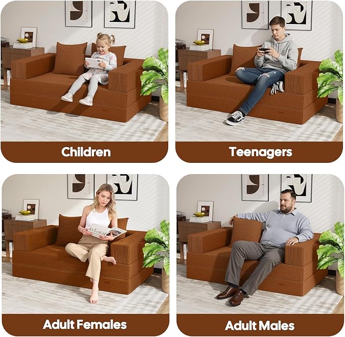 COMAX Futon Sofa Bed, 4‑in‑1 Convertible Sofa Bed, Folding Boneless Couches for Living Room, Fold Out Small Foldable Loveseat Floor Sleeper Comfy Mattress Lounge Space‑Saving, Orange