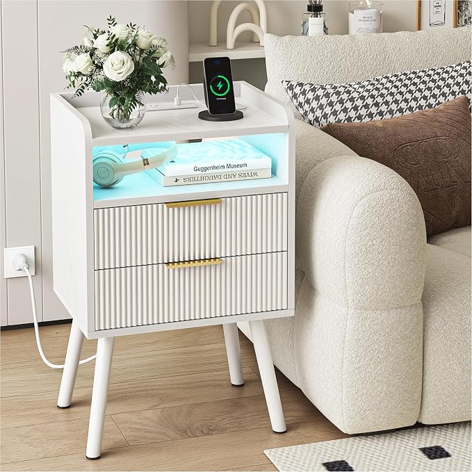 Fixwal White Fluted Nightstand with Charging Station, LED Night Stand with 2 Wood Drawers for Bedroom, Modern Bedside Table, 15.7 x 11.8 x 25.6in - Image 7