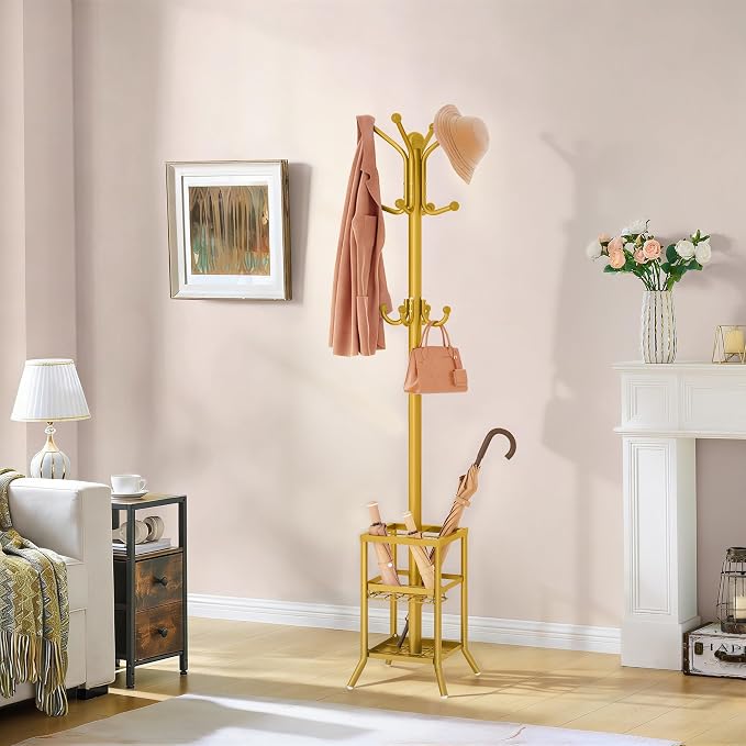 FAVOOSTY Coat Rack Freestanding,Coat Rack Stand with Umbrella Holder,Metal Coat Tree with 12 Hooks,Tree Clothes Hat for Entryway, Hallway, Bedroom, Living Room & Office -Glod - Image 9