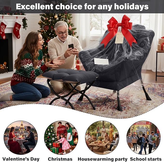 Lazy Chair and Ottoman, Black Velvet Large Accent Chair with a Side Pocket, Modern Leisure Upholstered Sofa Reading Armchair with Footrest for Office, Bedroom, Living Room, Dorm Rooms, Balcony