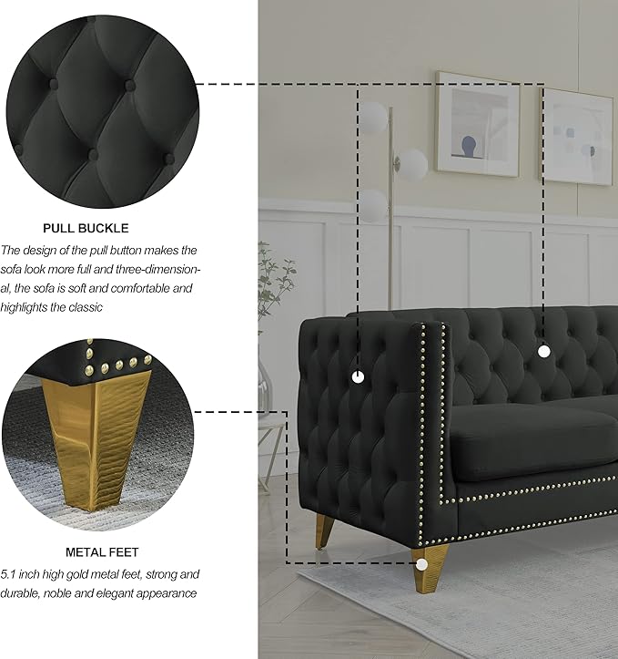 KEIKI Tufted Velvet 3+3 Seat Sofa Couch for Living Room, Buttons Tufted Square Arm Couch for Home Apartment, Black