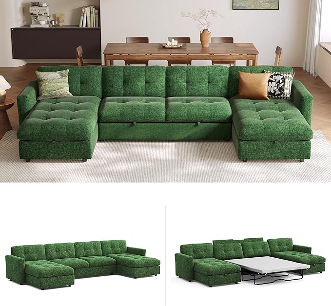 152" Oversized Sectional Sleeper Sofa with Pull Out Bed and Storage Chaise, Convertible Sofa Bed with Memory Foam Topper, Comfy U Shaped Modular Couches for Living Room Apartment Dorm Room, Green