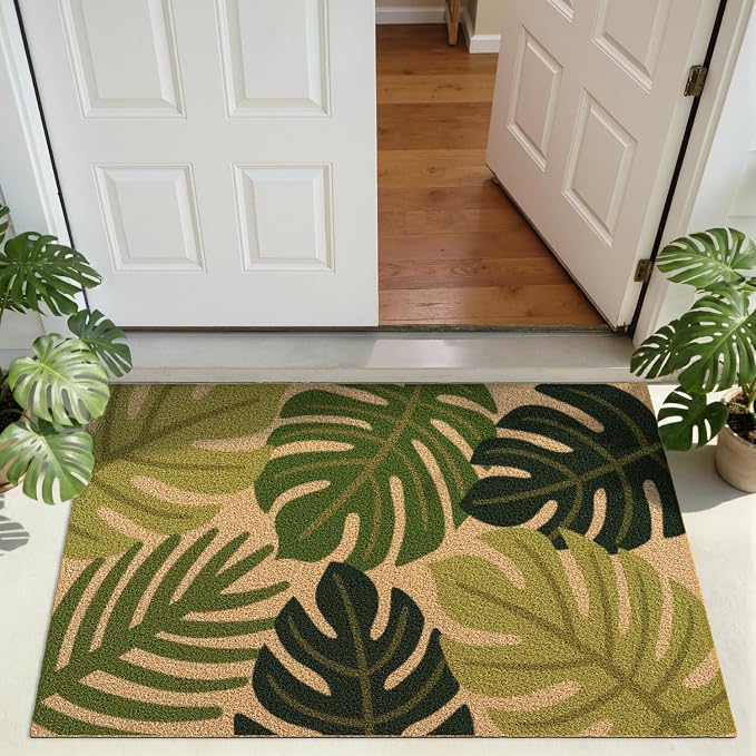 DEXI Front Door Mat Outside Entrance Coir, 32x48 Heavy Duty Entry Tropical Plant Doormat, Non Slip Exterior Entryway Floor Dirt Trapper for Porch Patio, Green Monstera Leaves - Image 9