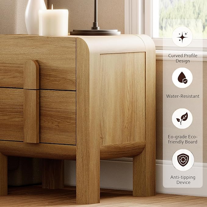 WAMPAT 2 Piece Bedroom Set, Modern 63" Wide Dresser Cabinet and Nightstand Set with Charging Station,Wood Storage Closet Chest with Curved Profile Handles for Bedroom,Light Walnut