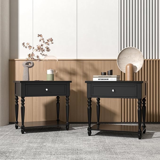 Solid Wood Nightstand with Charging Station, Traditional End Table with Drawers and Open Shelf, Bedside Table with Storage, Modern Side Table for Bedroom, Black - Image 7