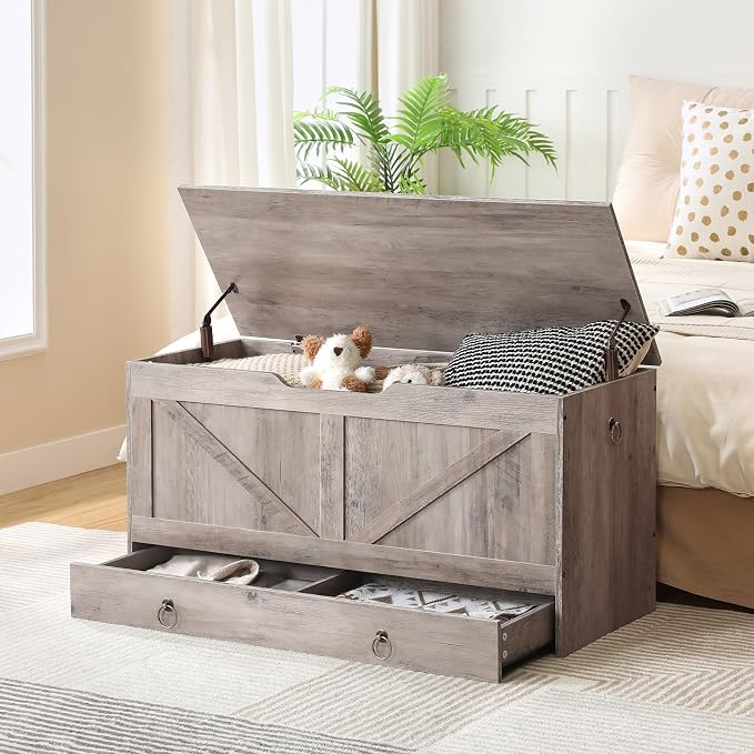 HOOBRO Storage Chest, 39.3" Toy Chest with Drawer, Wooden Storage Bench, Sturdy Entryway Bench Supports 220 lb, Safety Hinge, U-Shaped Opening, Easy Assembly, Greige BG710CW01G1 - Image 9