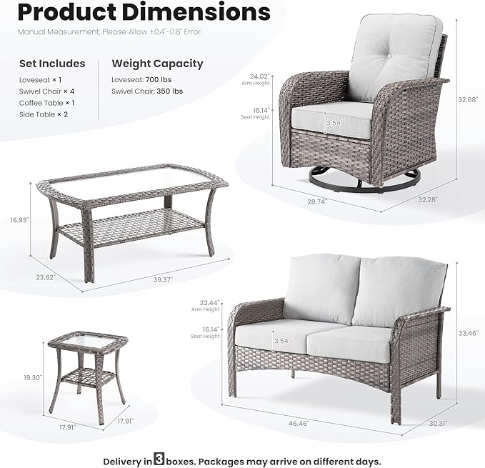 ovios 8-Piece Patio Furniture Set, Outdoor Wicker Sofa with Swivel Chairs Coffee Table, High Back Rattan Couch Loveseat with Comfy Cushions for Porch Yard Deck, Grey