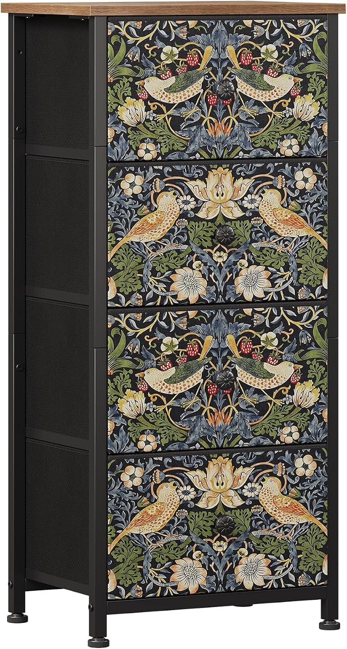 Dresser for Bedroom with 4 Drawer Strawberry Thief Dresser Vintage Storage Tower Unit Nightstand for Living Room Hallway Kids Room Closet Sturdy Steel Frame Wooden Top, Brown - Image 8