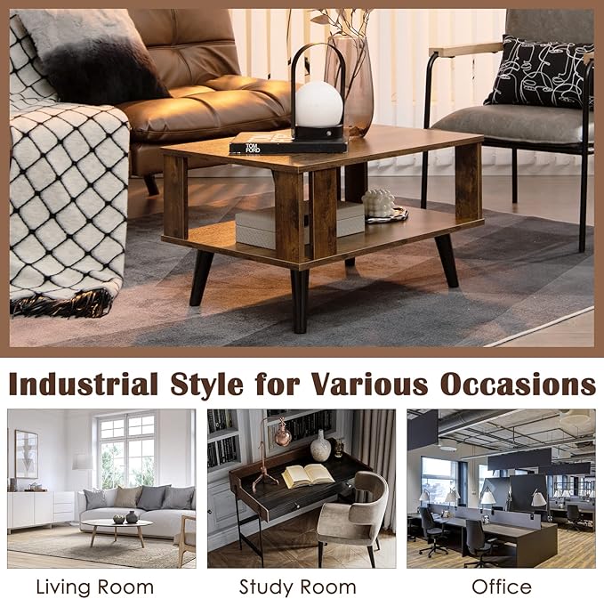 Tangkula Small Coffee Table for Living Room, 2-Tier Wooden Center Table with Open Storage Shelf, Side Baffle, Easy Assembly, Industrial Side Table for Small Space Bedroom (Rustic Brown)