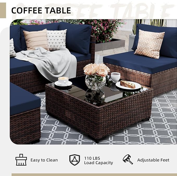 UPHA 5 Pieces Patio Furniture Sets, Wicker Outdoor Sectional Sofa Couch with Coffee Table, Patio Conversation Set for Deck Backyard Garden, Brown Rattan, Navy Blue Cushion