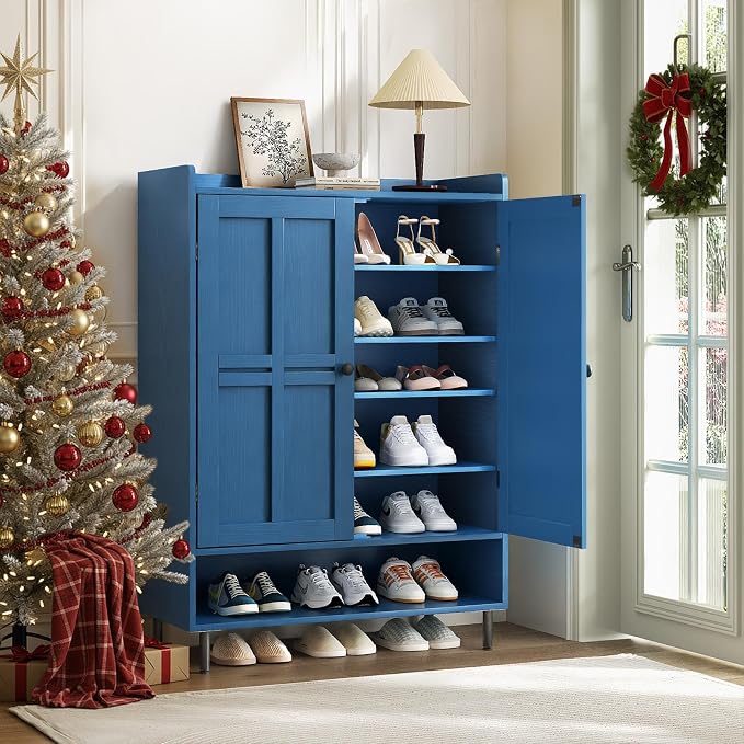 ComfyCorner Blue 7+1 Tier Farmhouse Shoe Storage Cabinet - 45" Tall Entryway Organizer with Cross Molding Doors, 3 Adjustable Shelves & Metal Legs, Shoe Rack for Front Door Entrance - Image 9