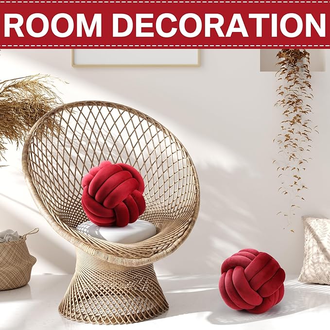 Namalu 2 Pcs Soft Knot Pillow Ball, Decorative Round Throw, Soft Knotted Plush Pillows, Handmade Stuffed Ball Pillows Cushion for Bedroom Sofa Couch Home Decor(7.87 Inches,Wine Red)