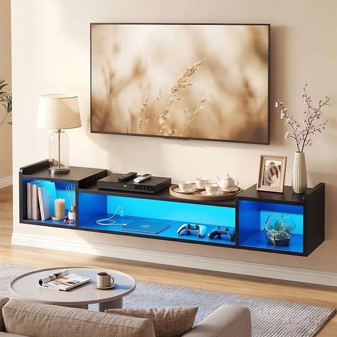 70.9"W Floating TV Stand with LED Lights & Power Outlets for 60 65 70 75 Inch TV Wall Mounted Entertainment Center with Storage for Living Room Wood Media Console Shelf Black TV Shelf Wood for Bedroom - Image 9