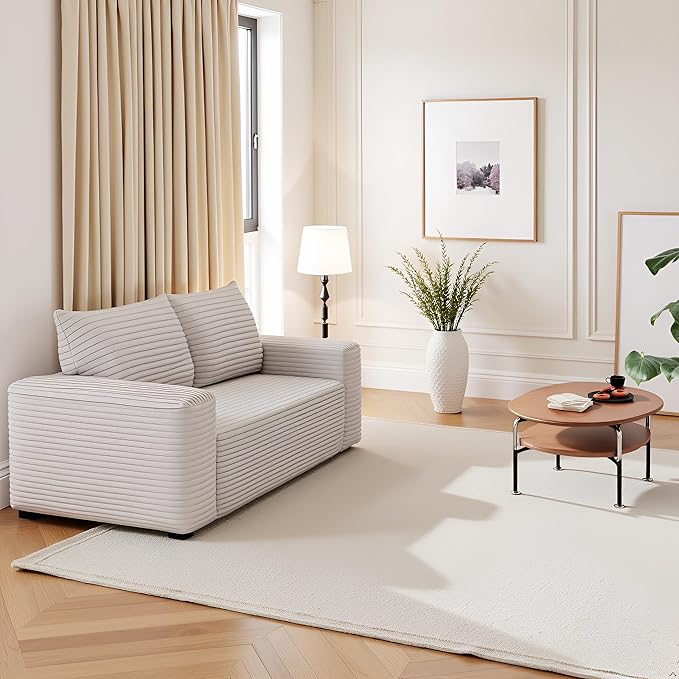 JINGLING 63" Small Couches for Small Spaces, Comfy Boneless Couch in a Box, Love Seat Compressed Sofa for Living Room Bedroom, Apartment Furniture, No Assembly, Corduroy, White
