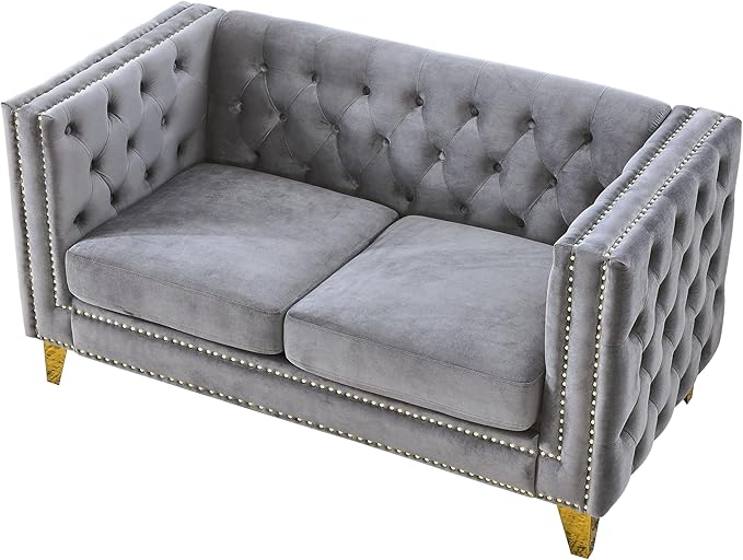 KEIKI Tufted Velvet 3+2 Seat Sofa Couch for Living Room, Buttons Tufted Square Arm Couch for Home Apartment, Gray