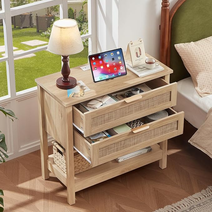 LEYAOYAO 26.8" Wide Rattan Night Stand with Charger Station, Oversized Large Boho Nightstand with 2 Drawer, Natural Wood Bed Side End Tables, Tall Bedside Table for Bedroom Living Room, Hallway - Image 9