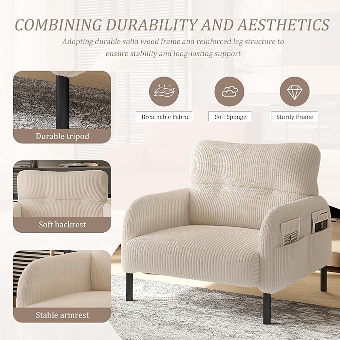 KEIKI 26" Corduroy Single Sofa Chair with Double Side Pockets & High Resilience Cushion, Modern Ergonomic Design Upholstery Oversized 1-Seater Accent Chair, Easy Assembly, for Living Room, Beige