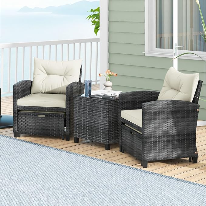 ORALNER 5 Pieces Patio Furniture Set with Ottoman, Wicker Conversation Set w/Cushions, Glass Coffee Table, Outdoor Lounger Rattan Chairs Bistro Set for Porch Balcony Garden Deck Poolside (White)
