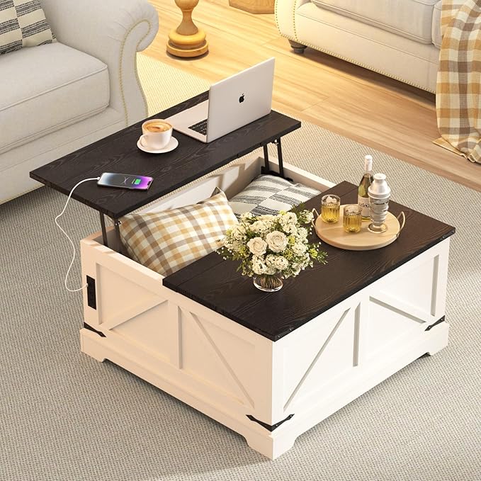 Coffee Table with Storage, Farmhouse Lift Top Wood Square Center Table with Charging Station, Rustic Cocktail Tables with Flip Top Lids for Living Room, Home Office, 35.4" W, White