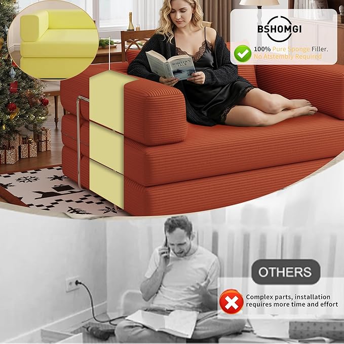 Folding Sofa Bed, 4 in 1 Convertible Sofas to Lounger Comfy Single Bean Bag Chair Floor Portable Foldable Sleeper Lazy Futon Couch Chair for Bedroom, Living Room (Orange, 53.15" Double Sofa)