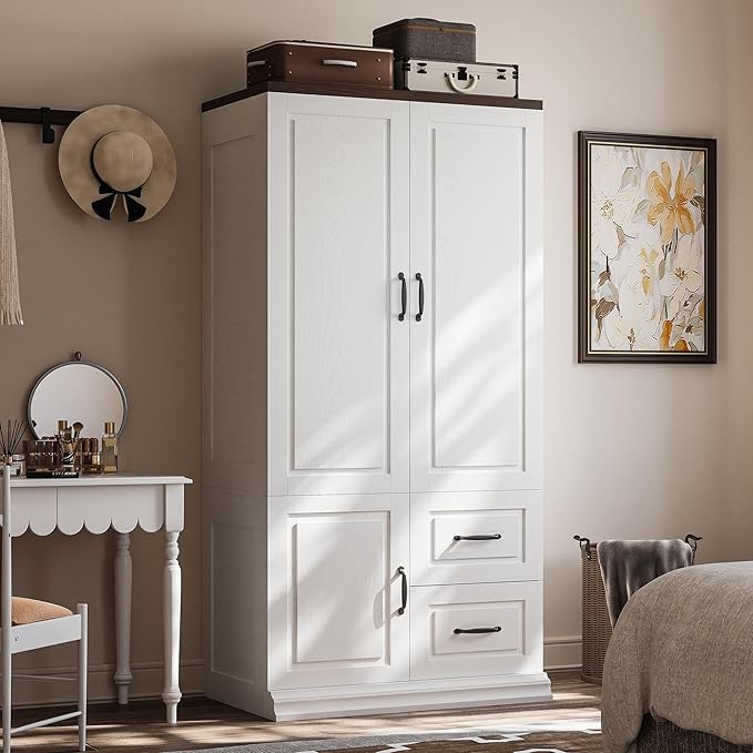 ANCTOR Wardrobe Closet with Drawers, 71.1" H Tall Wooden Armoire with 2 Doors and Hanging Rod for Hanging Clothes, Freestanding Wardrobe Storage Cabinet, Stand Alone Clothing Organizer Closet, White