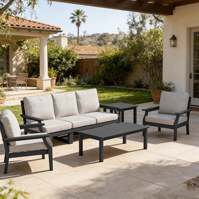 HDPE Patio Conversation Set, 7-Piece All Weather Outdoor Furniture Set with 2 Single Armchairs for Deck, Lawn, with Cushion, Black