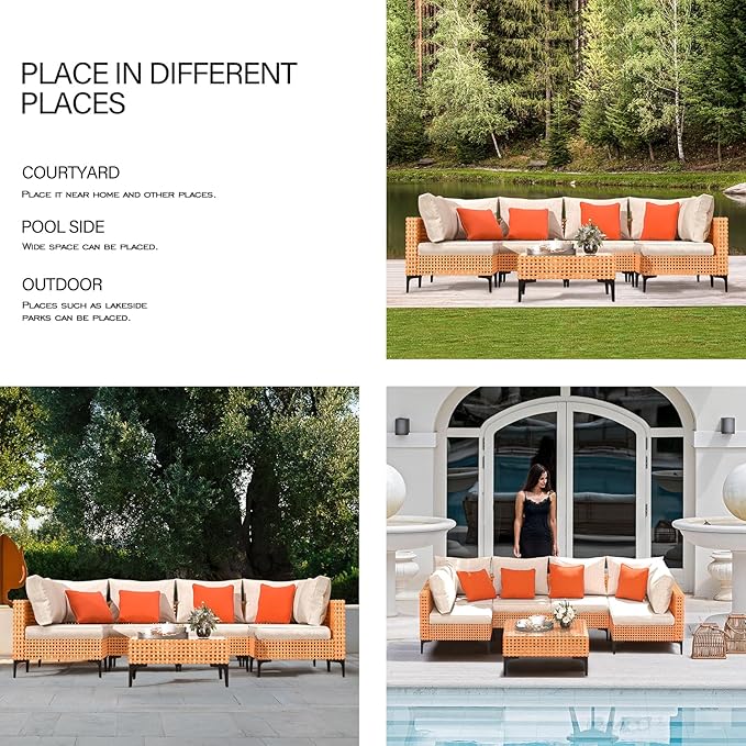 9 Piece Outdoor Patio Furniture Set Modular Outdoor Furniture Set Wicker Outdoor Sectional Sofa with Cushions and Tea Table Patio Set for Balcony Porch Deck Yard (Salmon&Orange Wicker, Sand Cushion)