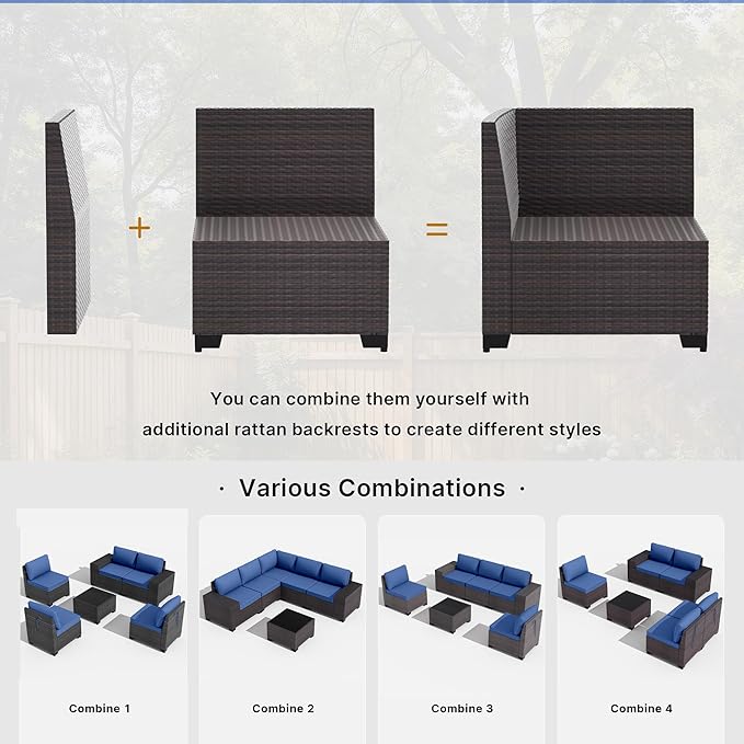 Gotland 7 Pieces Patio Furniture Set with 55000BTU Fire Pit Table, Wicker Patio Set with Wide Armrests 29.5'' High Backrest Thick Cushions 1 Coffee Table, Outdoor Furniture for Porch Deck Navy
