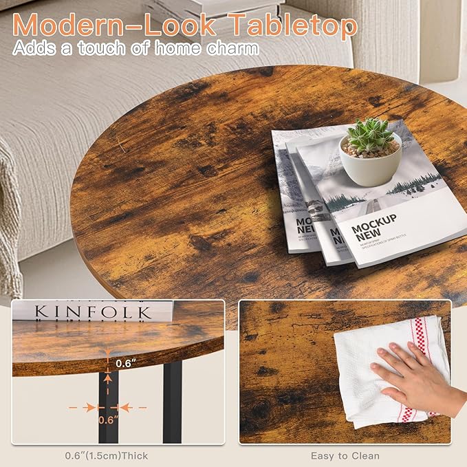 Round Coffee Table, 23.6" Small Coffee Tables for Living Room, Circle Coffee Table with Metal Frame, Floor Table Desk for Sitting on The Floor, Home, Office, Rustic Brown