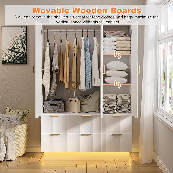 PAKASEPT Armoire Wardrobe Closet with 3 Door, Bedroom Armoires with Mirror and LED Lights, Hanging Rod, Drawers, Large Capacity Storage Wardrobe Armoire for Bedroom