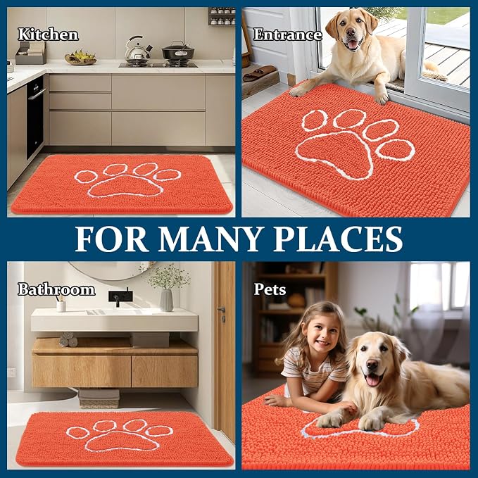 OLANLY Dog Door Mat for Muddy Paws 30x20, Paw Print Design, Absorbs Moisture and Dirt, Absorbent Non-Slip Washable Doormat, Quick Dry Chenille Mud Mat for Dogs, Entry Indoor Entryway Carpet, Coral - Image 8