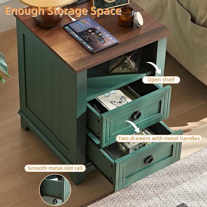 Joaxswe 18" Farmhouse Night Stands Set of 2 with Charging Station, 2 Drawers Bedside End Table, Green Wooden Nightstand, Bed Side Table Cabinet with Open Shelf for Bedroom Living Room Office - Image 6