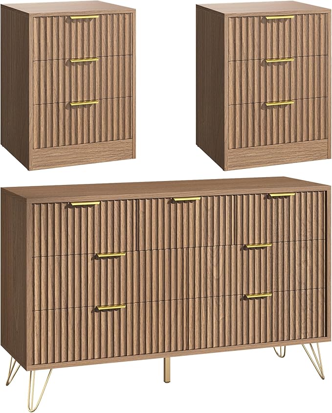 7 Drawer Dresser and Nightstand Sets for Bedroom, 3 Pcs Fluted Bedroom Set,3 Drawer Night Stand Set of 2 & 7 Drawer Dresser with Golden Handles, Wood Chest of Drawers Cabinet Set, Natural Oak