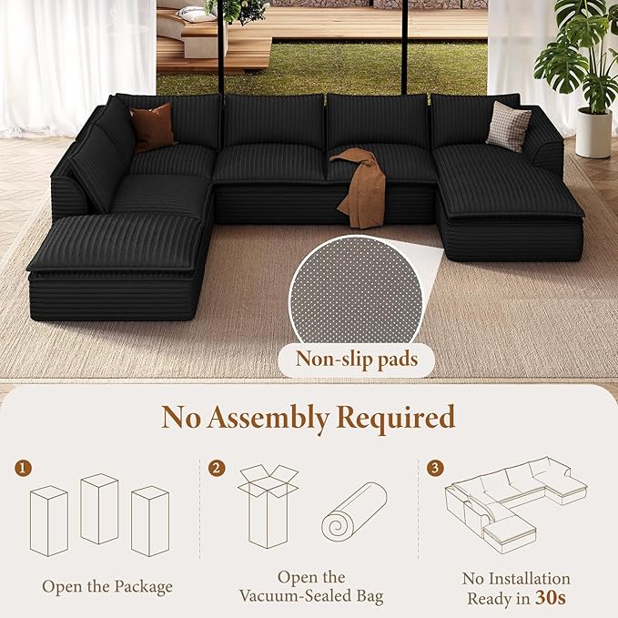Vesgantti 141.7" Oversized Sectional Boneless Couch, 7 Seater Modular Sofa with Chaise & Ottoman & Armrest, Deep Seat Plush Corduroy Cloud Couches for Living Room, No Assembly Required, Black