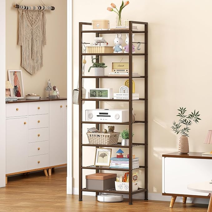 usikey 8 Tiers Narrow Shoe Rack 16-24 Pairs, Sturdy Metal Tall Shoe Rack with 4 Hooks, Slim Shoe Storage Organizer with Metal Shelf, Space Saving Vertical Shoe Shelf for Entryway BronzeUNYXJX016A - Image 9