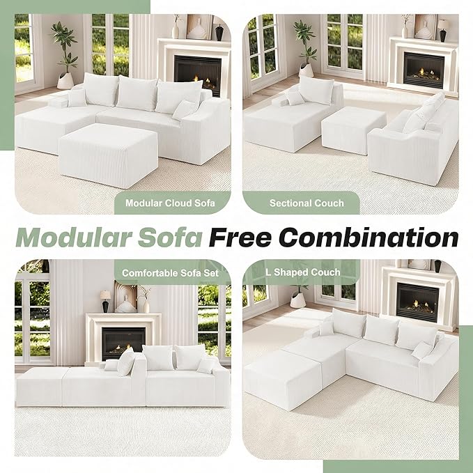 HABUTWAY 94“ U Shaped Modular Sectional Couch for Living Room, Modular Cloud Sofa with Ottoman, No Assembly Boneless Couches with Deep Seat, Corduroy Fabric (Beige, Left Facing) | Cloud Sofa, With Ottoman, No Assembly, Boneless, Deep Seat, Corduroy Fabric