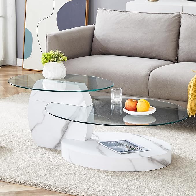 Ebullient Glass Coffee Table, 42" Oval Coffee Table, 2-Tier Glass Tabletop with White Faux Marble Pattern Base, Easy to Maintain and Assemble, Ideal for Dining Room, Living Room