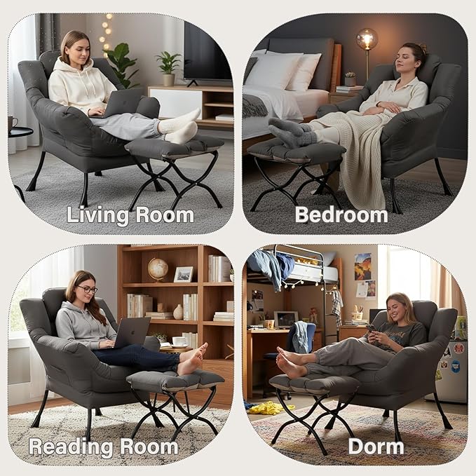 MBOOYOME Lazy Chair with Ottoman, Modern Accent Lounge Armchair with Armrests and a Side Pocket & Foldable Footstool, Leisure Reading Chair for Living Room, Bedroom, Dorm & Office, Dark Grey