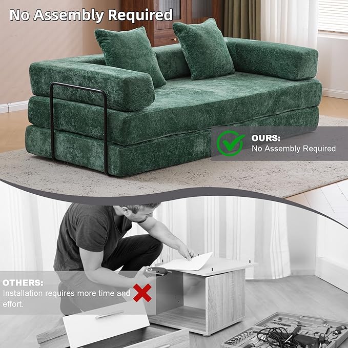 Convertible Floor Sofa Bed, Fold Out Floor Couch with Pillow Back & Armrest, Compressed Couch with Fixed-Shape Frame, Chenille Foldable Sleeper Sofa Bed for Living Room Bedroom, Dark Green
