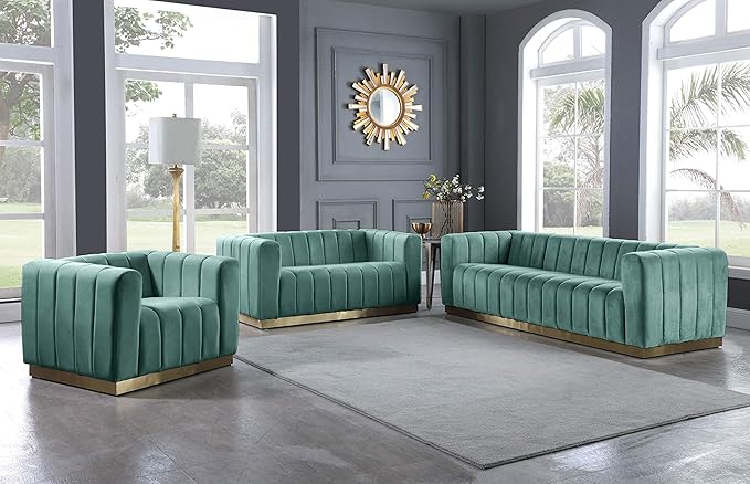Meridian Furniture 603Mint-L Marlon Collection Modern | Contemporary Velvet Upholstered Loveseat with Deep Channel Tufting, Stainless Steel Base in a Brushed Gold Finish, Mint, 62.5" W x 34" D x 28" H