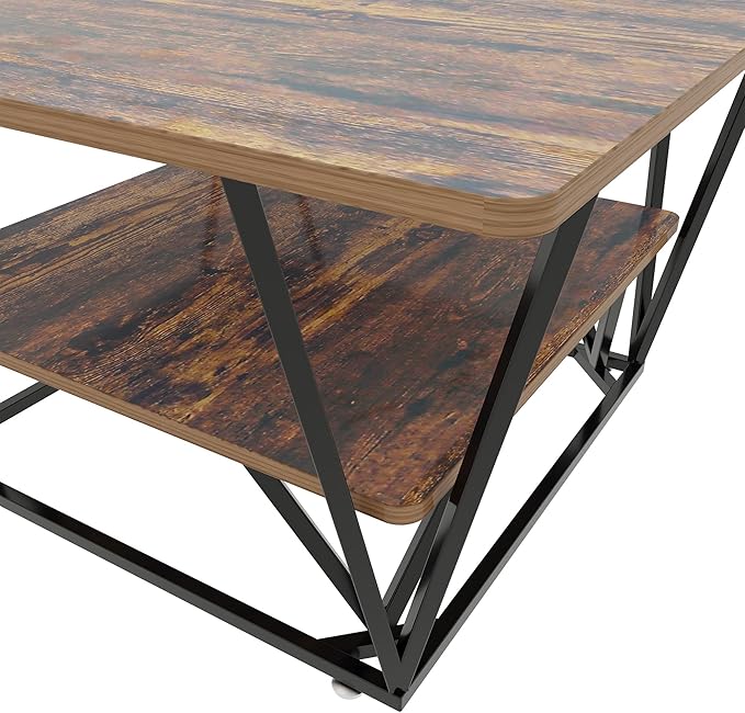 Elephance Square Coffee Table with 2-Tier Storage, 31.5 Inch Modern Tea Table for Living Room, Caramel Brown Wooden Tabletop-Almond with Black Frame
