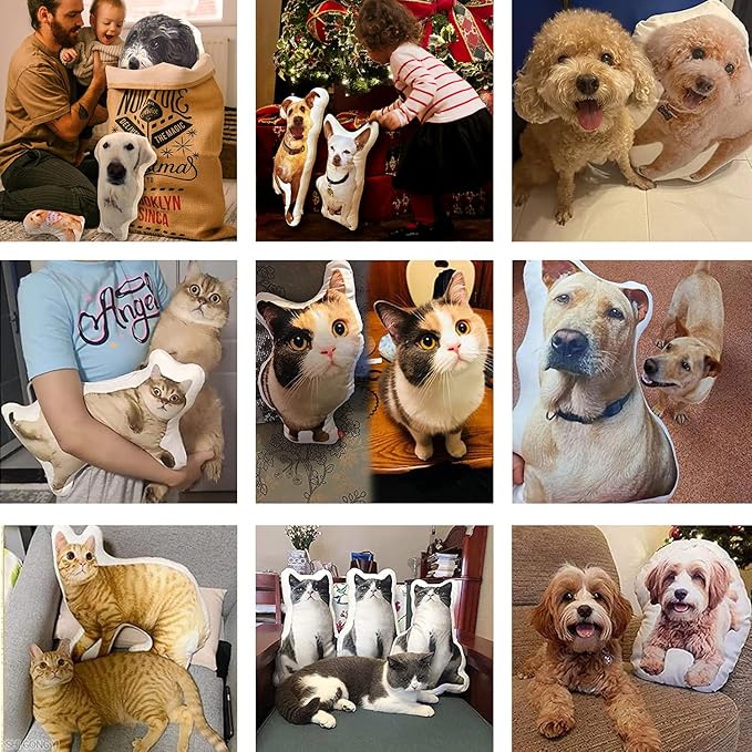 Custom Pet Pillow with Picture, Personalized Photo Dog Cat Face Shaped Pillow, Customized Stuffed Animal Pictures Pillows Memorial Loss Sympathy Gifts - 14"
