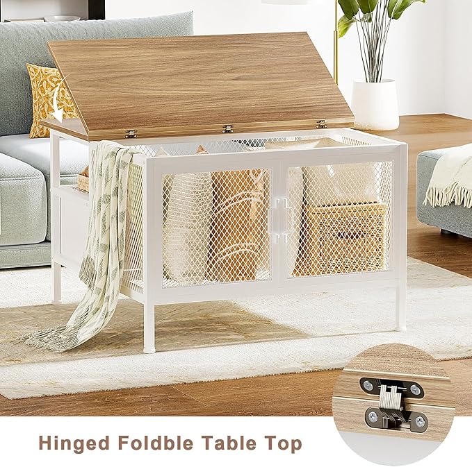 FABATO Flip Top Coffee Table, Square Coffee Table Metal Wood, Farmhouse Lift Up Coffee Tables Cocktail Table with Wire Mesh Barn Door and Storage, Steel Frame, Small Tea Table for Living Room, White