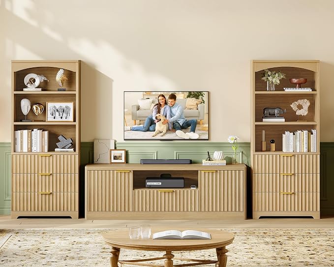 TEENFON 55" TV Stand for TVs Up to 65", Modern Fluted Entertainment Center with Drawer and Open Shelf, Media Console Table, TV Stands for Living Room, Nature Oak - Image 8