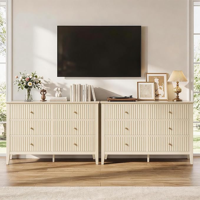 RoyalCraft Beige 6 Drawer Dresser, Fluted Modern Wood Chest of Drawers, Long Dresser for Bedroom TV Stand Storage Cabinet for Living Room - Image 9