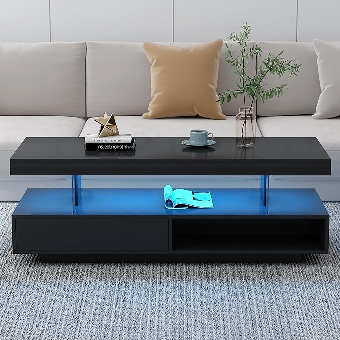 Modern LED Coffee Table with Storage, High Gloss Cocktail Center Table with Drawers, Display Shelves & LED Lights for Living Room, 51.2’’, Black
