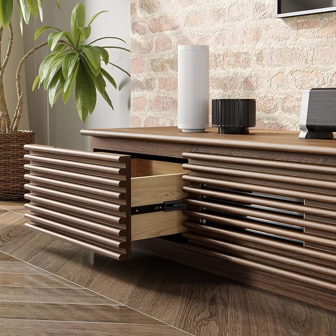 POVISON Wood Media Console, 94.48" Mid-Century Modern TV Stand with Storage, Assembly-Free Slatted TV Cabinet with Customized Compartments & Solid Pinewood Drawer - Image 6
