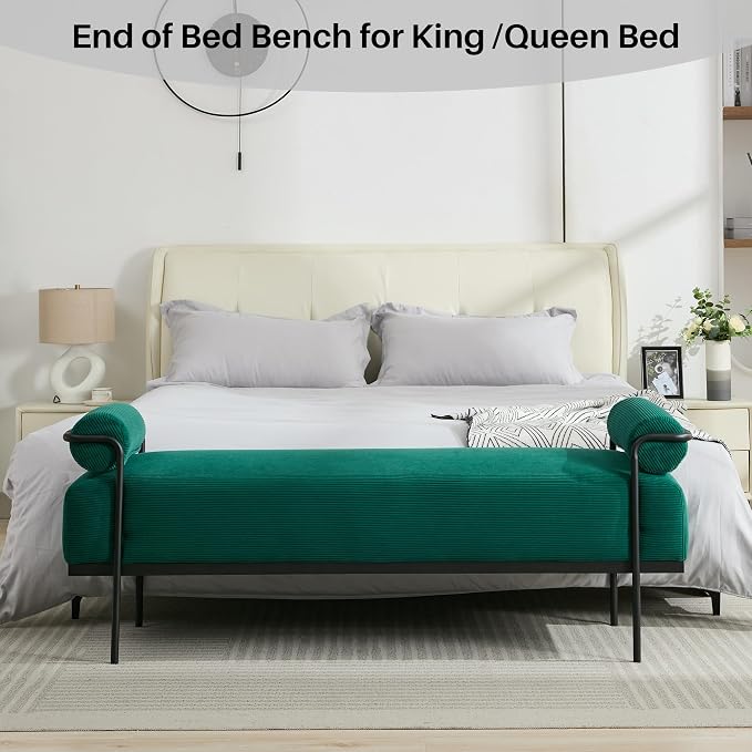 SOFTHION Entryway Bench End of Bed Bench 61.2",Modern Upholstered Bench Ottoman,Corduroy Paded Footrest Stool with Metal Legs for Living Room, Foyer Mudroom Hallway,Green - Image 7