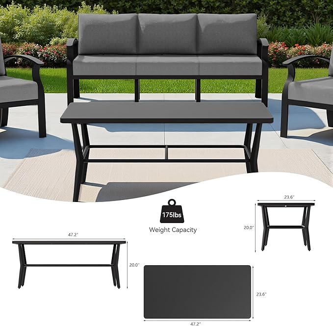 Aluminum Outdoor Patio Furniture Set,5 Seats Patio Conversation Sets with Rectangular Coffee Table,Metal Patio Sectional Furniture Set with 5.1" Thickened Cushions,Grey