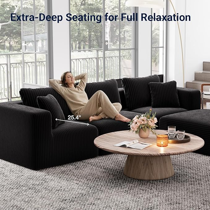 Avenco 106” L-Shaped Modular Sectional Sofa with Ottoman, Individually Wrapped Coil Support & Corduroy Fabric, Zero Assembly 4-Piece Set for Living Room, Black